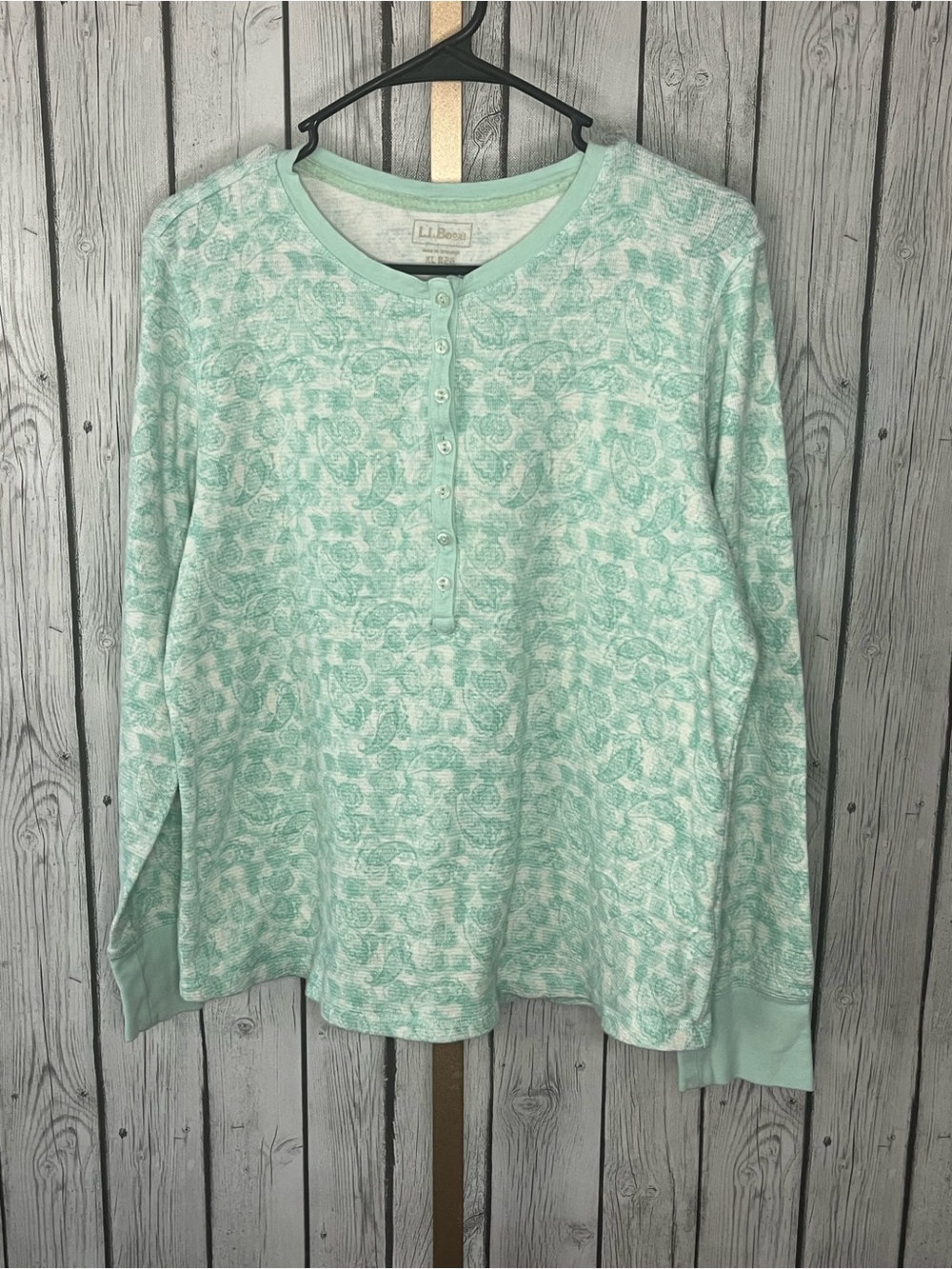 L.L.Bean Mint Green Paisley Waffle Knit Long Sleeve Henley Thermal Shirt XL